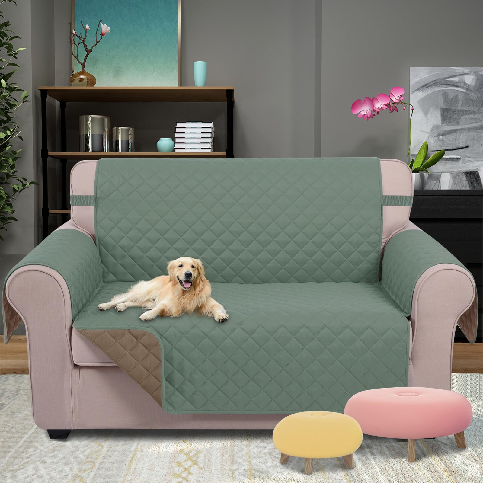 U-NICE HOME Loveseat Sofa Cover for 2 Cushion Couch, Greyish Green/Taupe