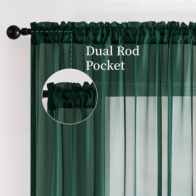 MIULEE 2 Panels Christmas Solid Color Sheer Window Curtains Elegant Window Voile Panels/Drapes/Treatment for Bedroom Living Room (54X96 Inches Hunter Green)