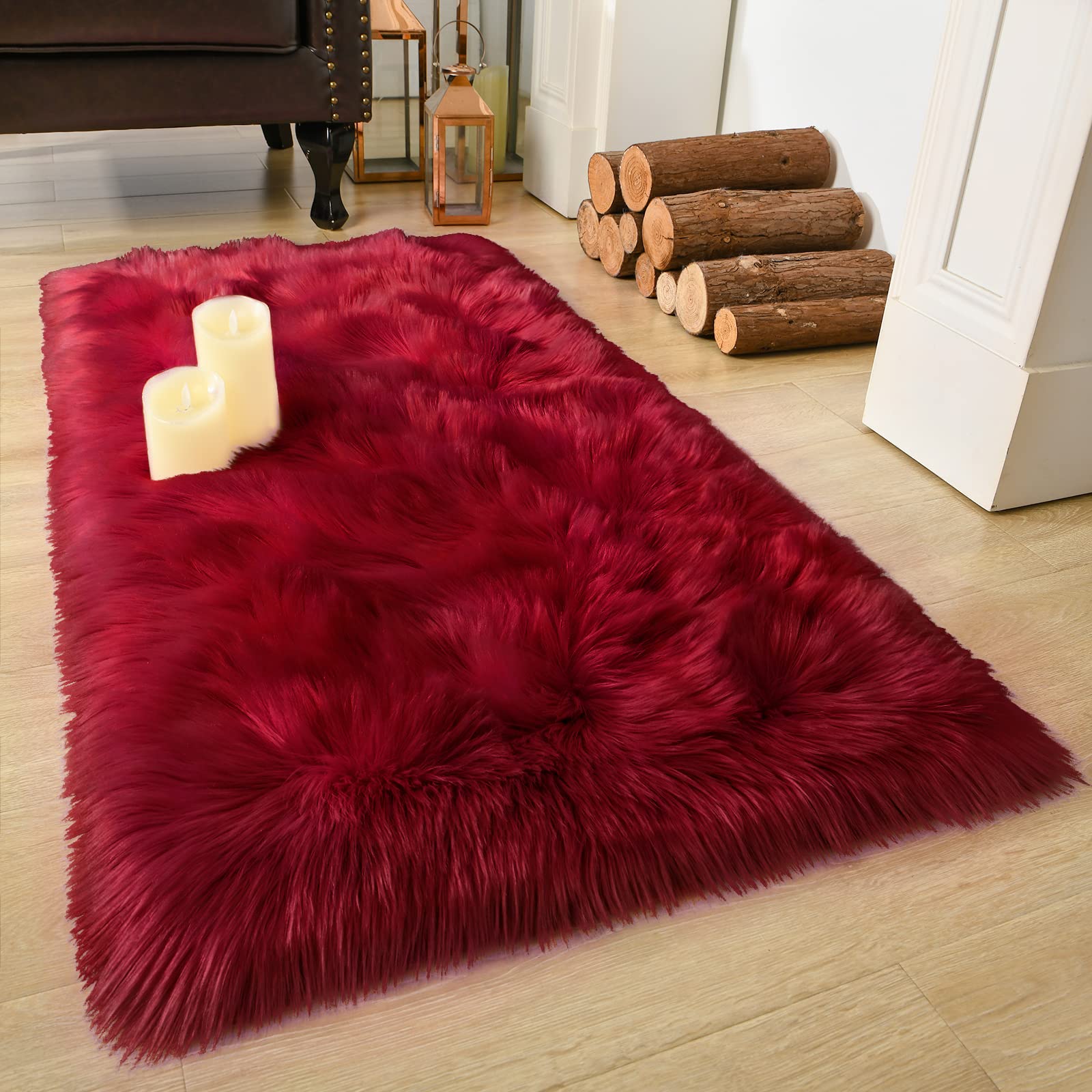 LOCHAS Soft Fluffy Faux Fur Rugs for Bedroom Bedside Rug 2x4 Feet, Red
