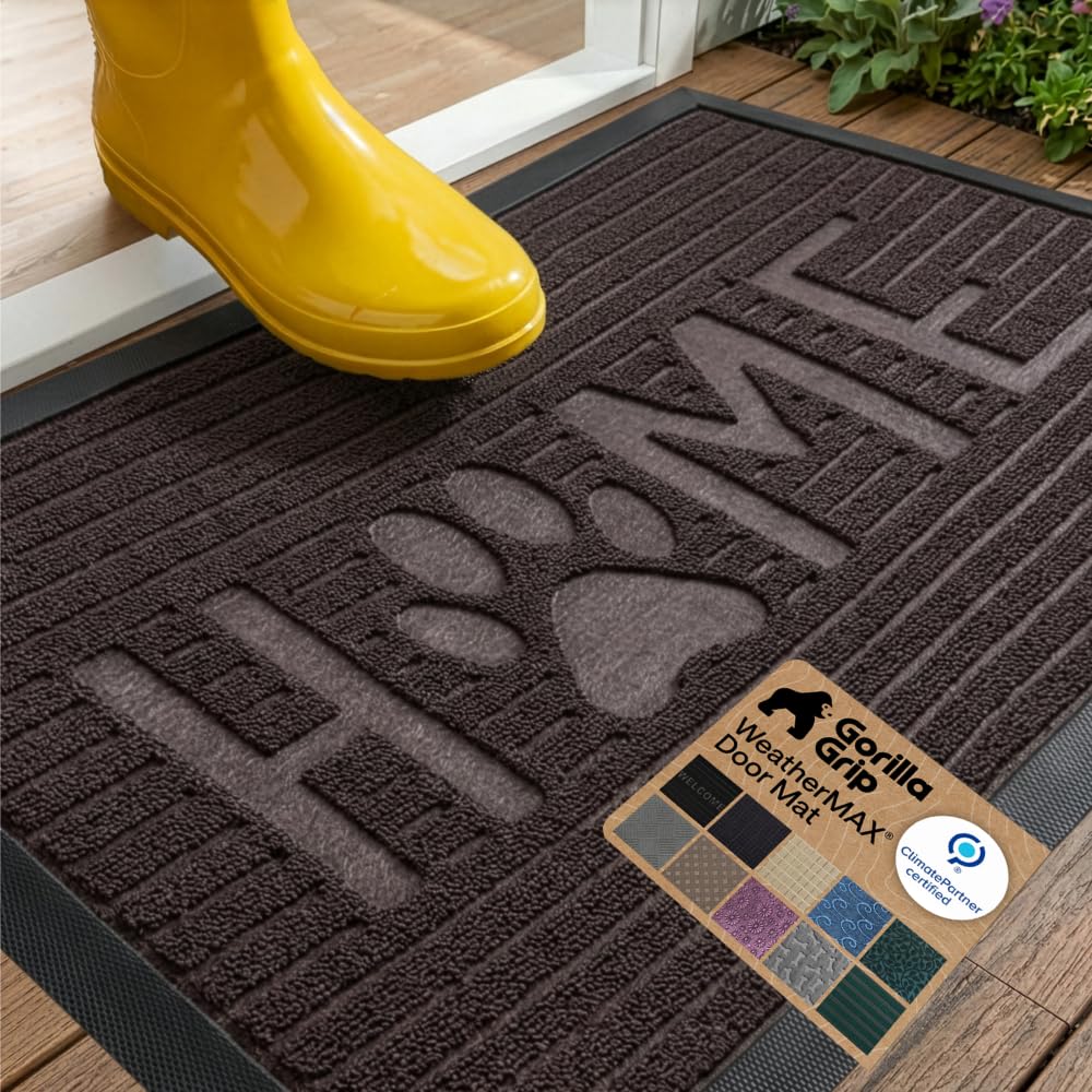 GORILLA GRIP 100% Waterproof All-Season WeatherMAX Doormat US Designed Natural Rubber, Stain and Fade Resistant, Low Profile Indoor Outdoor Door Mats, Easy Clean Patio Mat, Espresso Home Paw