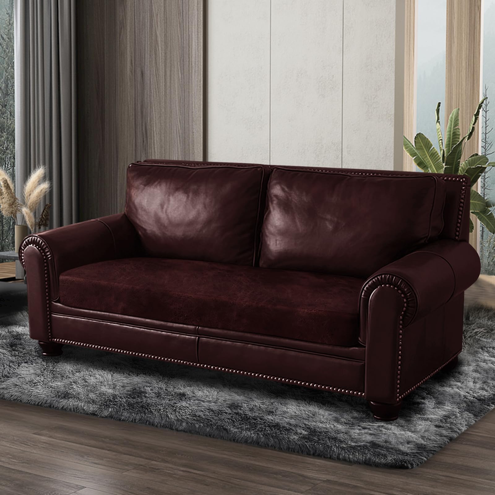 ANARACHON Leather Look Couch Cushion Covers Sofa Seat Slipcovers Sets Couches Furniture Protector for Sectional Armchair Loveseat Pets Kids Stretch Spandex Fabric (1 Cushion Loveseat, Burgundy)