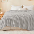 BEDELITE Blankets Queen Size for Bed, 300GSM Soft & Warm Fleece Blanket, Decorative and Giftable Striped Light Grey Blankets for Women, Men, 90"x90"