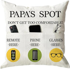 ONFAON Papa Gifts Throw Pillow Case, Papa's Spot Throw Pillow Covers 18 x 18 Inch,Put Phone Glasses and Remote Control Pillowcase,Birthday Christmas Thanksgiving Day Gifts for Papa Stepdad 3-Pocket