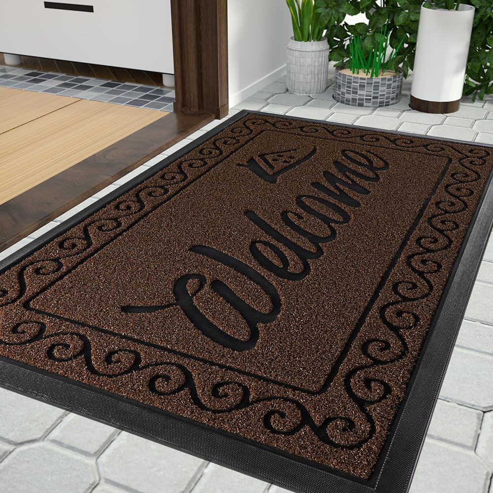 Yimobra Welcome Mat Outdoor Indoor, Waterproof Heavy Duty Front Door Mat Outside Entrance, Extra Sturdy Non-Slip Doormat, Low Profile, Dirt Trapping, 36x24 Inches, Coffee