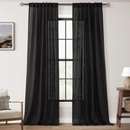 Black Linen Curtains 96 inches Long for Bedroom Back Tab Light Filtering Privacy Semi Sheer Black Curtains Living Room Boho Rustic Farmhouse Cotton Textured Gauze Curtain 2 Panel Set