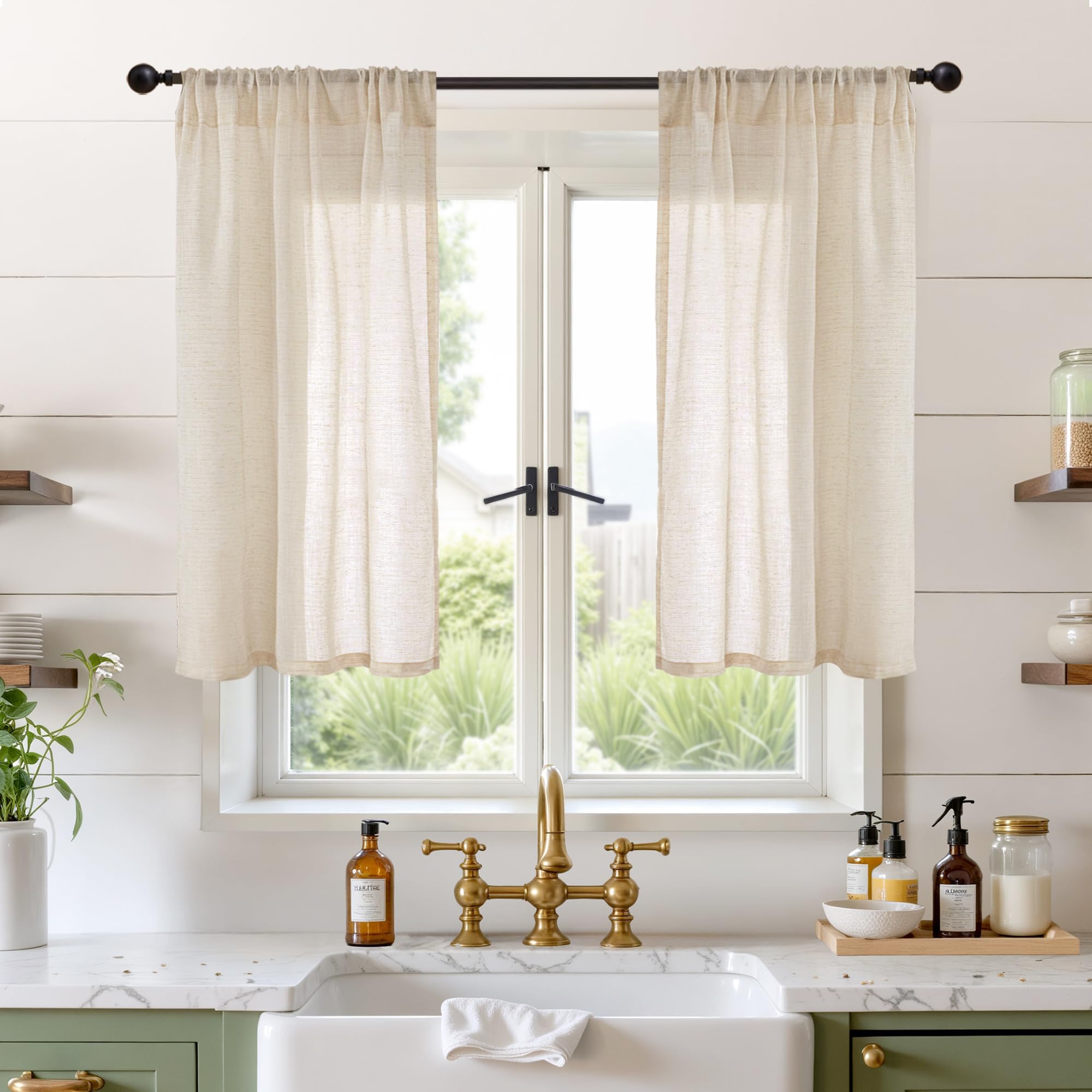 BGment Linen Natural Curtains 40 Inch Length for Short Window - Rod Pocket Small Drapes Light Filtering for Cafe Bedroom Semi Sheer Lightweight Burlap Rustic, 2 Panels Set, 30 X 40 Inch