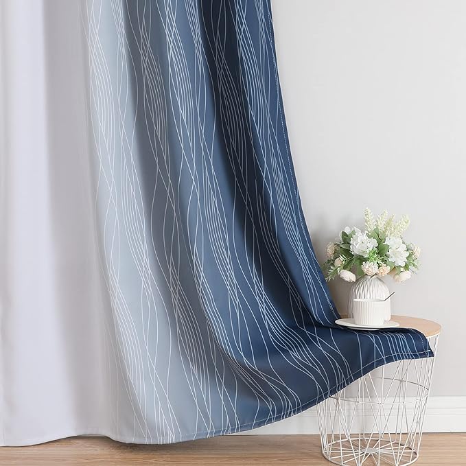 Navy Blue and Greyish White Blackout Curtains for Living Room 90 Inch Long