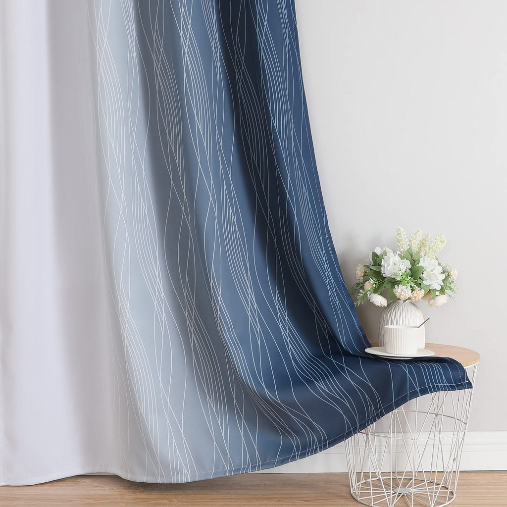 Navy Blue and Greyish White Blackout Curtains for Kitchen 36 Inch Length