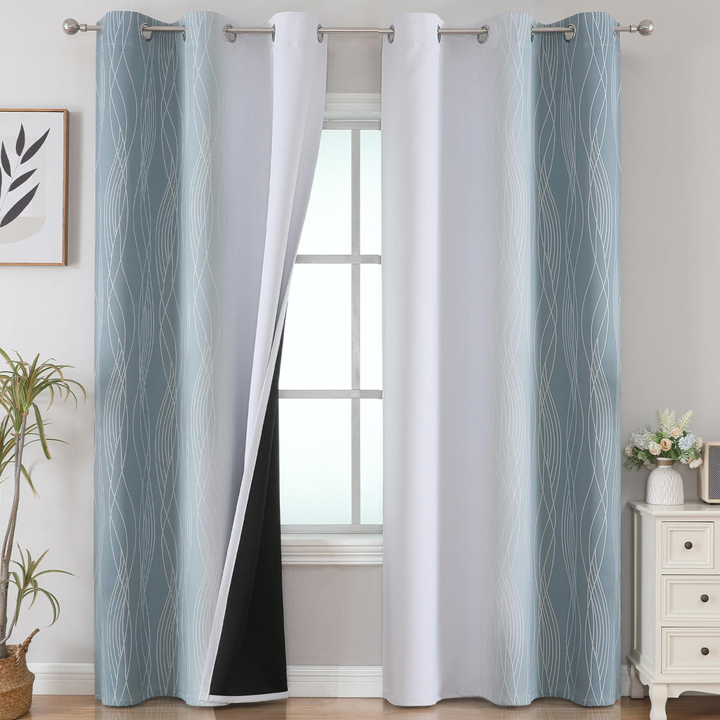 Stone Blue and Greyish White Blackout Curtains for Living Room 84 Inch Long