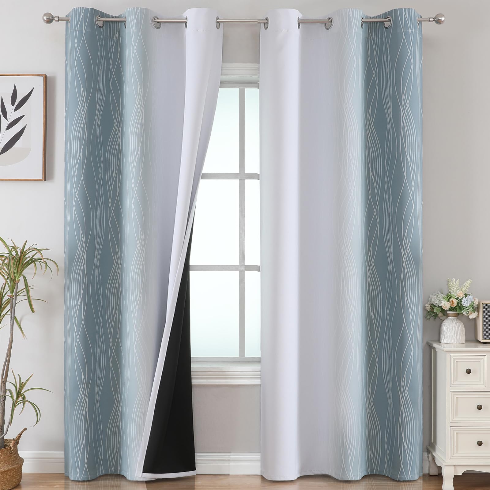 Stone Blue and Greyish White Blackout Curtains for Living Room 84 Inch Long