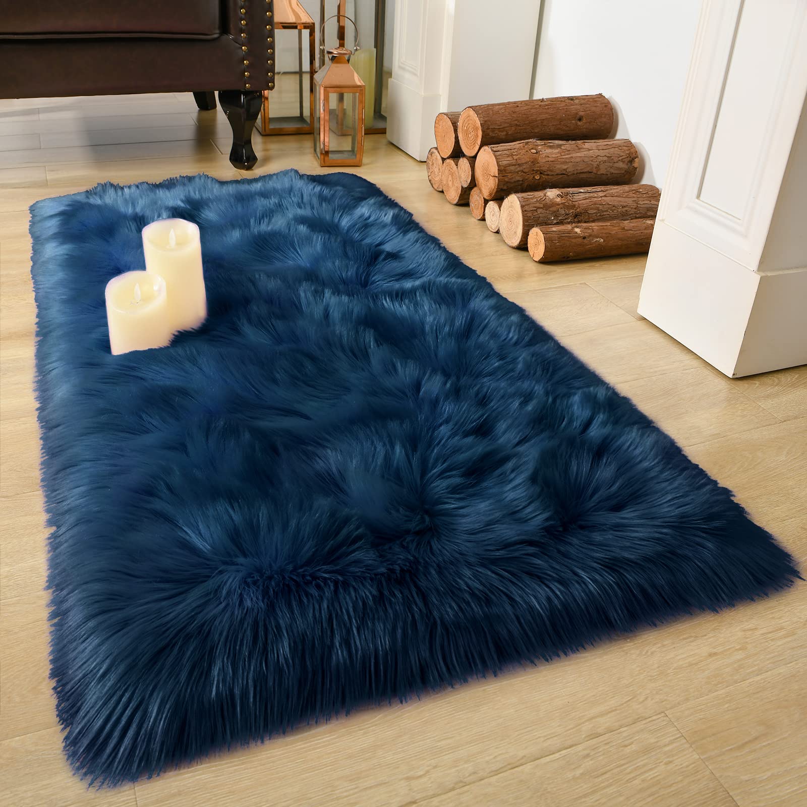 LOCHAS Soft Fluffy Faux Fur Rugs for Bedroom Bedside Rug 2x4 Ft, Light Navy