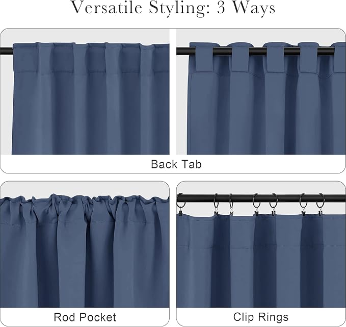 PONY DANCE Blackout Curtains for Bedroom, Room Darkening 96 inch Curtains 2 Panel Set, Thermal Insulated Drapes for Living Room Window Treatment, Back Tab/Rod Pocket, 52 x 96 Inch, Blue Haze