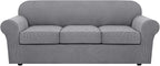 H.VERSAILTEX 4 Piece Stretch Sofa Covers for 3 Cushion Couch Covers for Living Room Furniture Slipcovers (Base Cover Plus 3 Seat Cushion Covers) Upgraded Thicker Jacquard Fabric (Sofa, Dove)