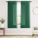 Dark Green Linen Curtains for Living Room 63 Inches Long 2 Panel Set Light Filtering Linen Drapes for Kitchen Windows Rod Pocket Back Tab Short See Through Curtain Country Farmhouse Decor 52x63