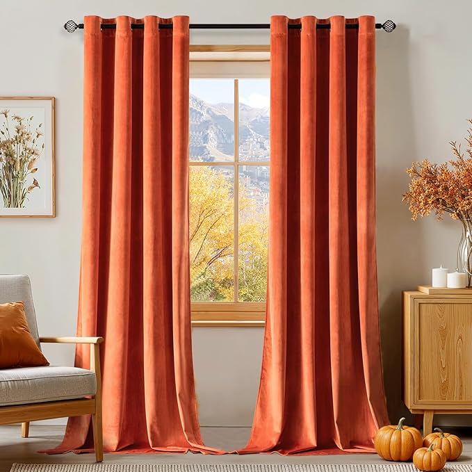 MIULEE Fall Orange Velvet Curtains Terracotta 52 x 90 Inch Length Set of 2