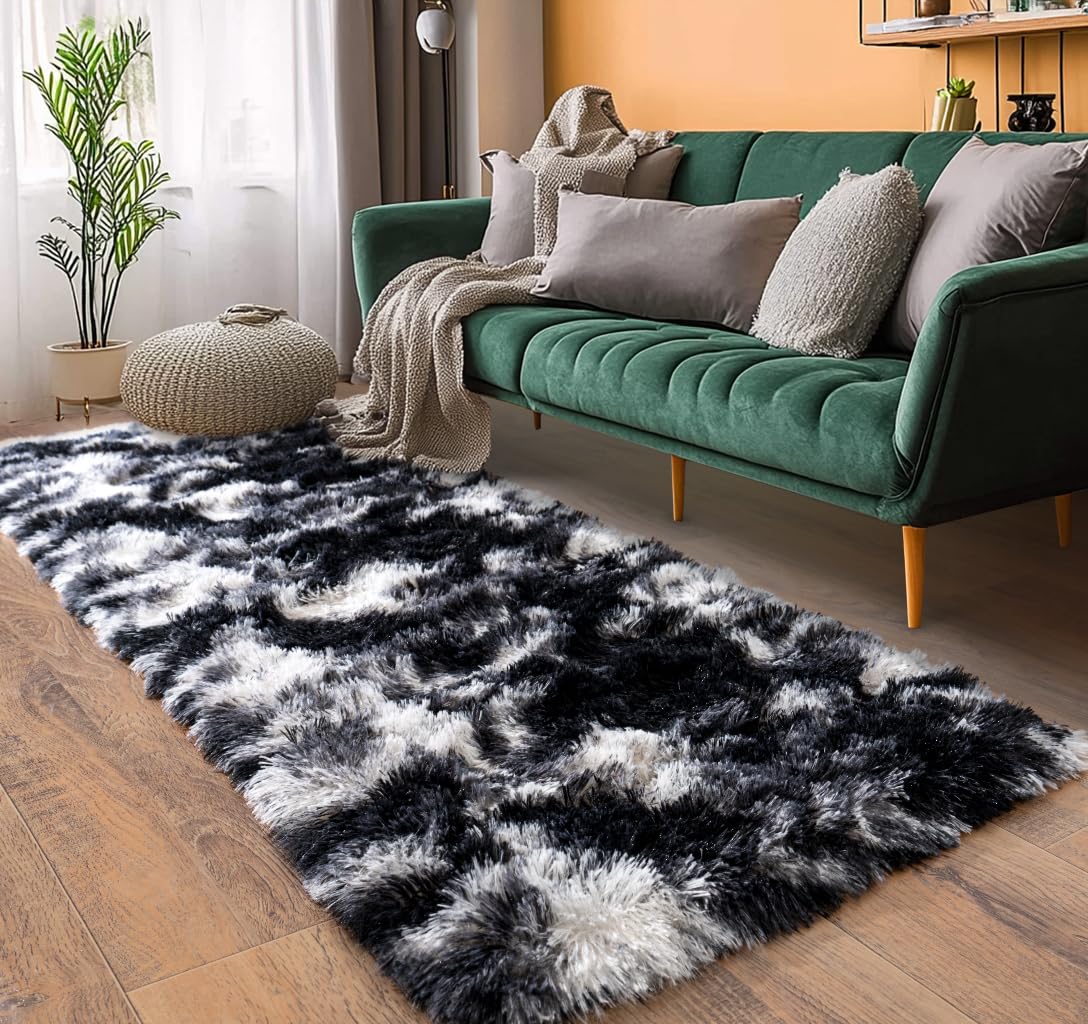 Pionblank Fluffy Runner Rugs for Bedroom 2x6, Black White
