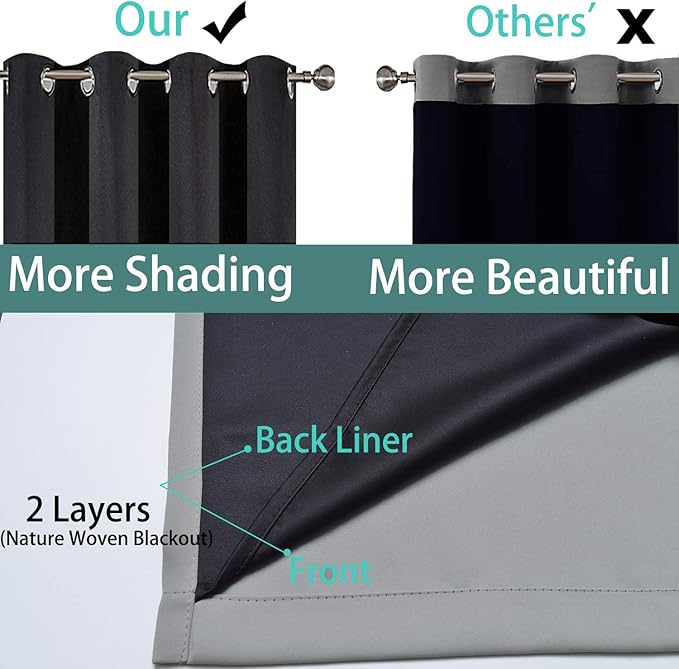Yakamok Gray Full Shading Curtain Panels for Windows, 2 Thick Layers Thermal Insulated Drapes with Black Liner for Living Room(52Wx72L, Grey, 2 Panels)