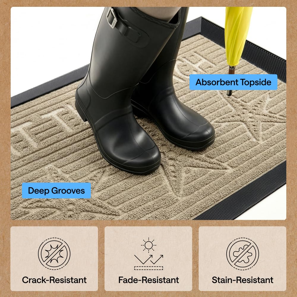 GORILLA GRIP 100% Waterproof All-Season WeatherMAX Doormat, 47x35, US Designed Natural Rubber, Stain and Fade Resistant, Low Profile Indoor Outdoor Door Mats, Easy Clean Patio Mat, Sand Beach