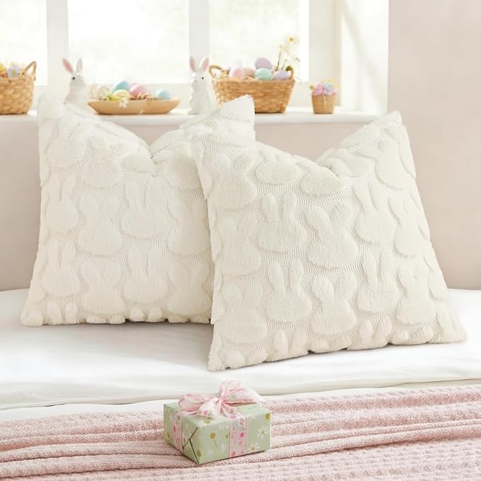 decorUhome Cream White Faux Fur Bunny Throw Pillow Covers 16x16 Set of 2