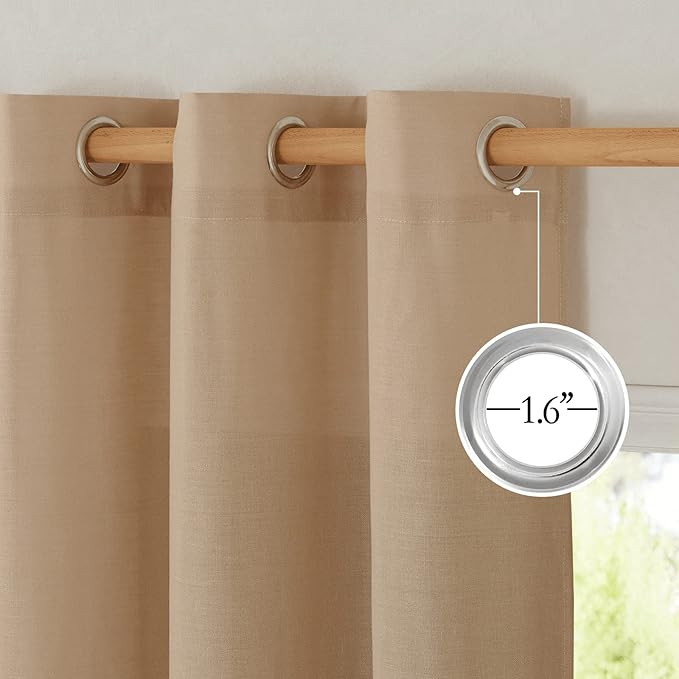 NICETOWN Camel Short Linen Curtains for Kitchen, Thick Flax Small Window Treatments Semi Sheer Privacy Assured with Light Through for Cafe/Bathroom, W42 x L48, 2 Panels