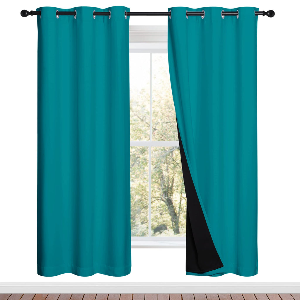 NICETOWN Full Shade Curtain Panels, 37" Wide x 70" Long, Peacock Teal, Pair of Thermal Insulated & Energy Efficiency Blackout Drapes for Living Room, Lined Silky Performance Window Dressing