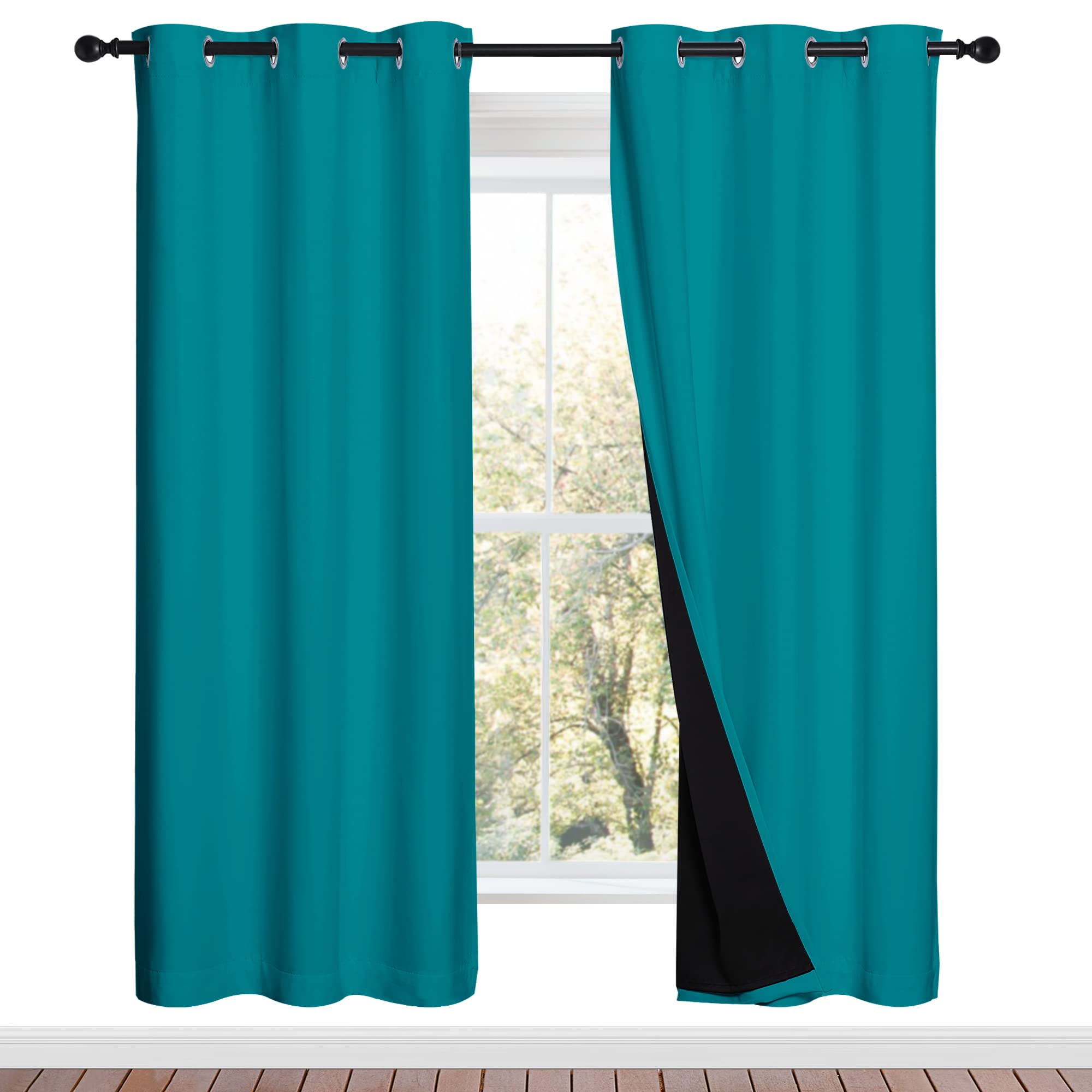 NICETOWN Full Shade Curtain Panels, 37" Wide x 70" Long, Peacock Teal, Pair of Thermal Insulated & Energy Efficiency Blackout Drapes for Living Room, Lined Silky Performance Window Dressing