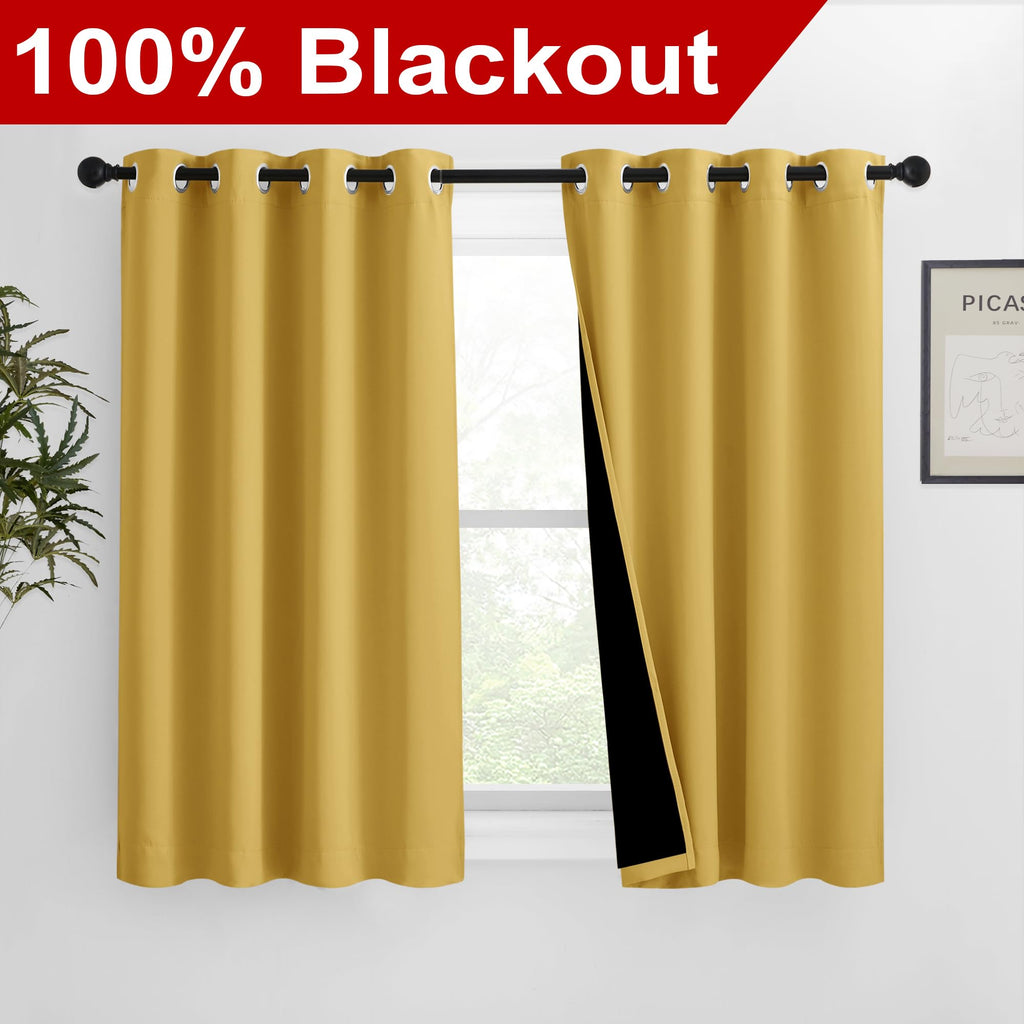 NICETOWN 100% Blackout Curtains with Black Liners, Solid Thermal Insulated Full Blackout 2-Layer Lined Drapes, Energy Efficiency Window Draperies for Bedroom (2 Panels, 46" W by 54" L, Bright Yellow)
