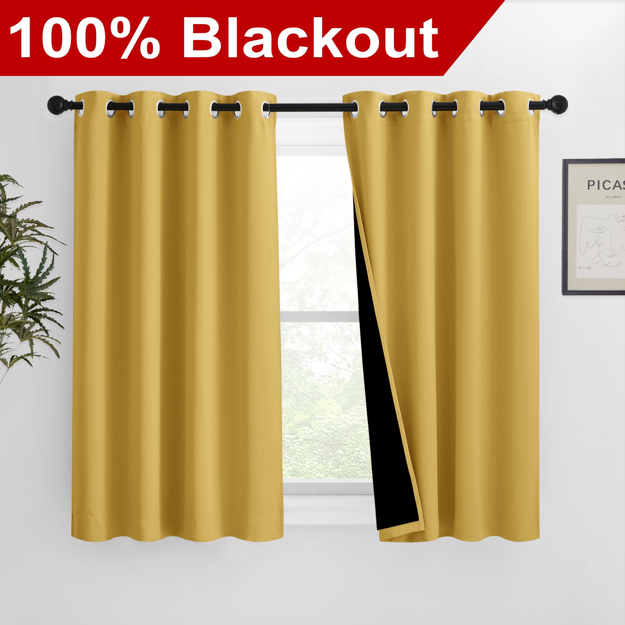 NICETOWN 100% Blackout Curtains with Black Liners, Solid Thermal Insulated Full Blackout 2-Layer Lined Drapes, Energy Efficiency Window Draperies for Bedroom (2 Panels, 46" W by 54" L, Bright Yellow)