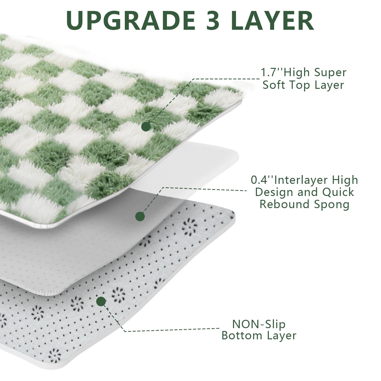 Area Rugs for Bedroom Living Room,4x6 Green and White Fluffy Soft Checkered Rug Fuzzy Shag Shaggy Carpet,Indoor Plush Floor Rugs for Teen Dorm Home Decor