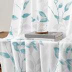 HOMEIDEAS Non-See-Through Teal and White Privacy Sheer Curtains 52 X 96 Inch Length 2 Panels, Leaf Floral Printed Light Filtering Semi Sheer Window Curtains Drapes for Bedroom Living Room