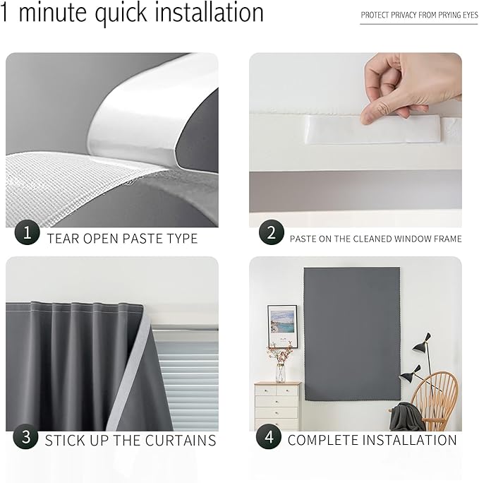 Sovtfides Magic Tape Stick On Curtains Window Shades Pull Down Blackout Window Cover Blackout Curtains for Bedroom No Drillng Self Adhesive Curtains No Rod Small Curtain, 35" W X 79" L, Grey, 1 Panel