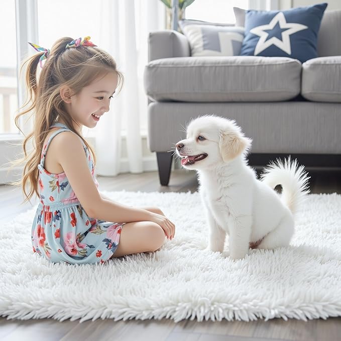 5x8 White Shag Area Rug for Living Room, Fluffy Plush Carpet
