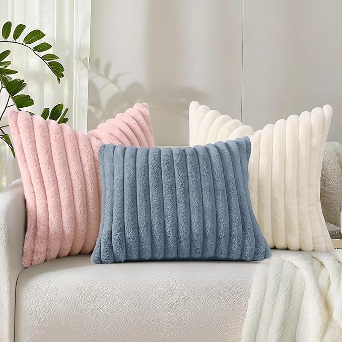 decorUhome Fall Faux Fur Throw Pillow Covers 18x18 Set of 2 Cream White