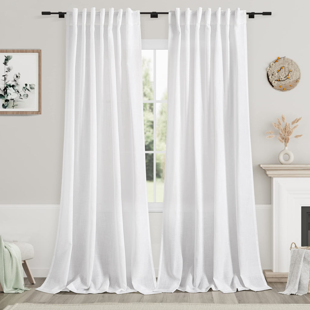 Nanspring White Linen Curtains 109 Inches Long for Living Room Light Filtering Semi Sheer Linen Drapes Ceiling to Floor for Large Window 2 Panels Set Extra Long Back Tab Curtains Farmhouse 52x109