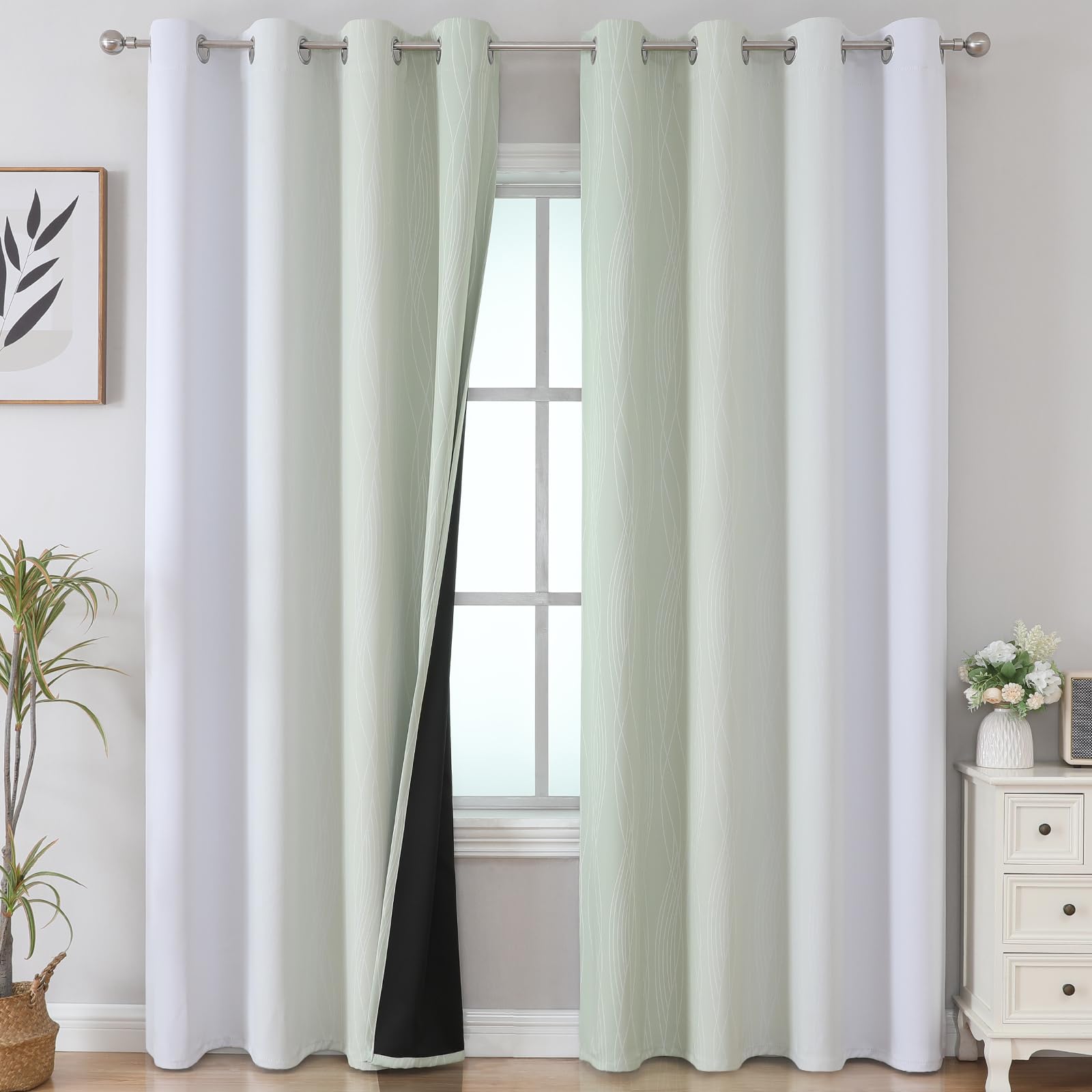 Sage Green and Greyish White Ombre Blackout Curtains for Bedroom 90 Inch