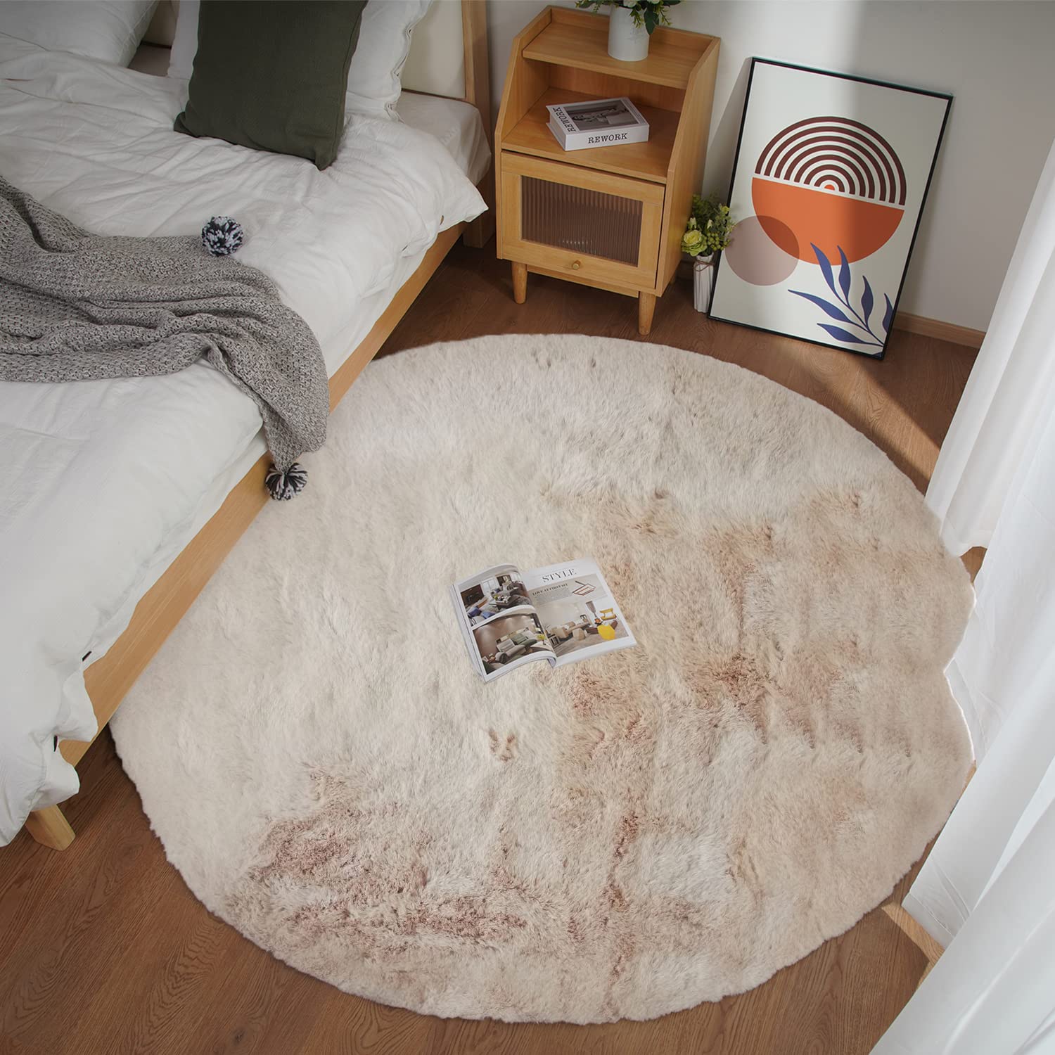 Ghouse Faux Rabbit Fur Round Rug 6ft Light Brown Beige Round Rugs for Bedroom Decor Fluffy Area Rugs for Living Room, no-Shedding Carpet Sheepskin Washable Rug Rome Decor