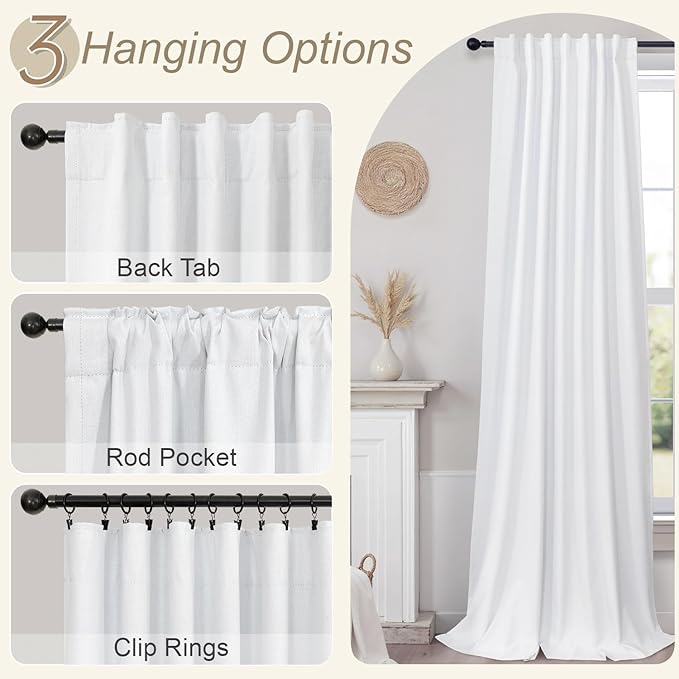 White Blackout Curtains 96 Inches Long 2 Panel Burg for Bedroom Thermal Insulated Total Black Out Boho Extra Wide Window Drape for Living Room Thick Linen Textured Soundproof Back Tab 8ft 52x96 Length
