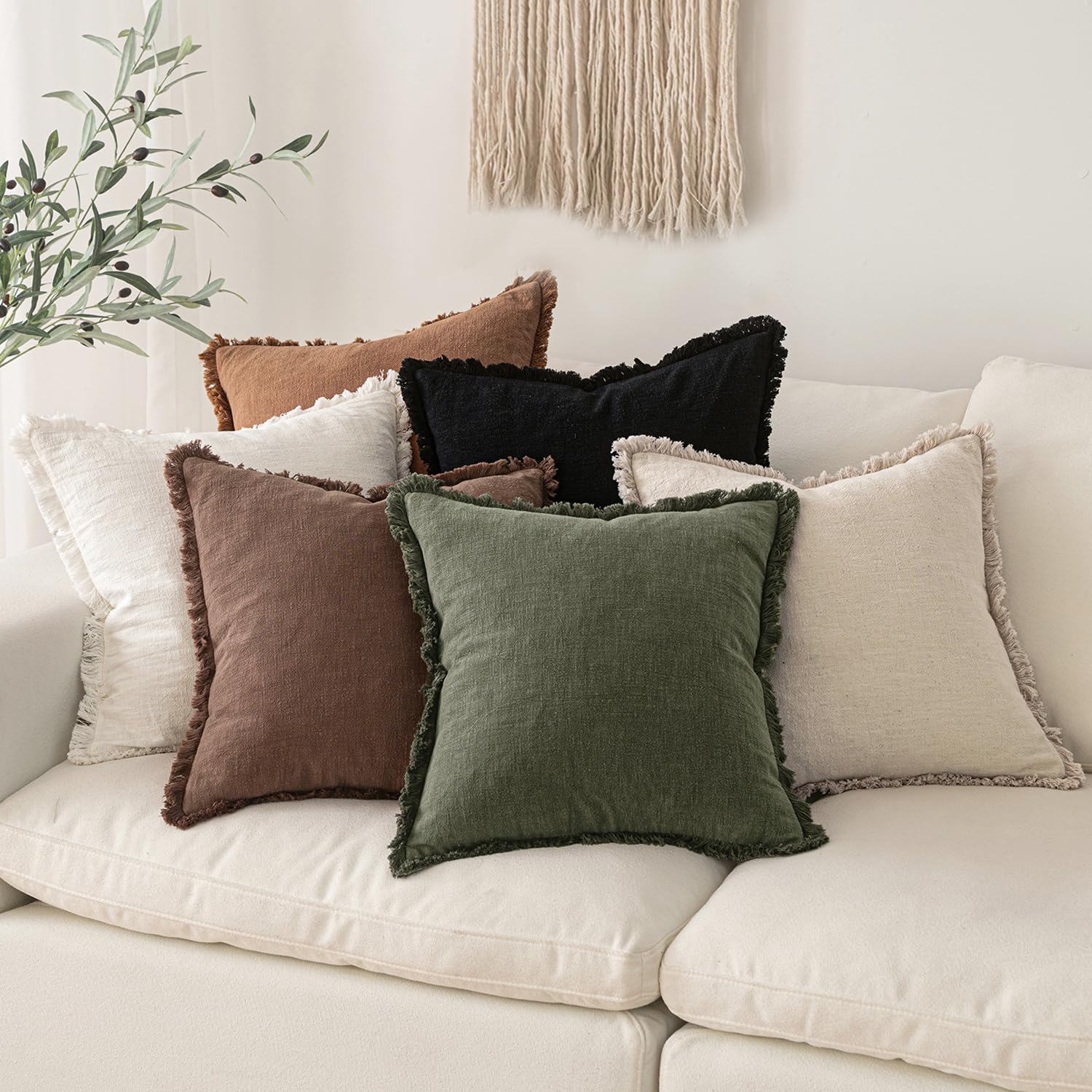 MIULEE Boho Linen Fringe Decorative Throw Pillow Covers Black 18x18