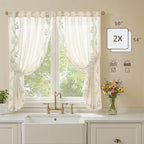 jinchan Belrose Linen Floral Cafe Curtains 54 Inch Length Embroidered Farmhouse Curtains for Kitchen Bedroom Bathroom Small Windows Curtain Set Light Filtering 2 Panels Sage Green