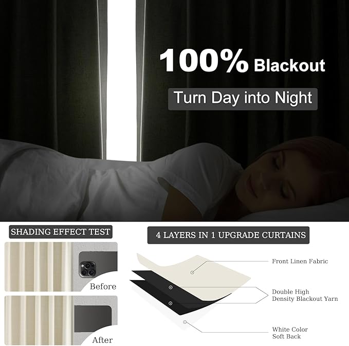 Topfinel 94 Inches Long Cream Colored Custom Blackout Linen Curtains, Ivory Pinch Pleated Noise Cancelling Curtains with Pin Hooks for Traverse, Burlap Viral Drapes 2 Panels for Living Room Bedroom