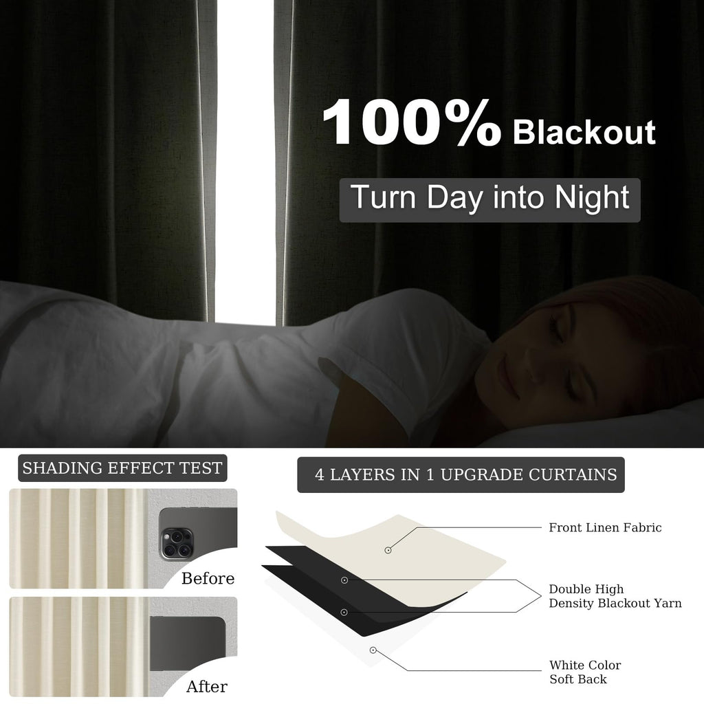 95 Inches Length Cream Colored Custom Blackout Linen Curtains Ivory Cream Pinch Pleated Noise Cancelling Curtains with Pin Hooks for Traverse Burlap Viral Drapes 2 Panels for Living Room Bedroom