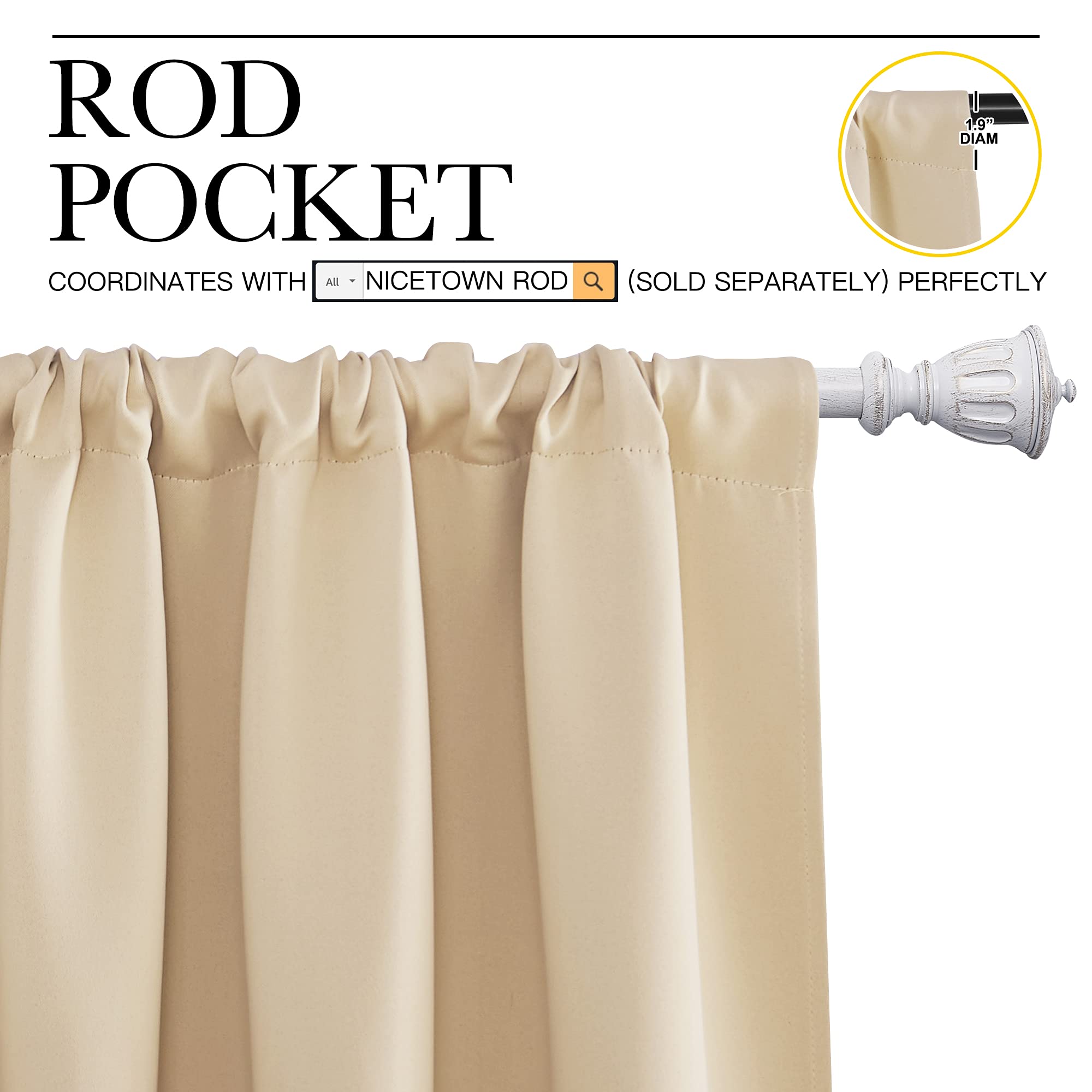 NICETOWN Room Darkening Curtains for Bedroom - Triple Weave Home Decoration Thermal Insulated Solid Drapes for Kitchen (Biscotti Beige, Set of 2 Panels, 52 x 72 Inch)
