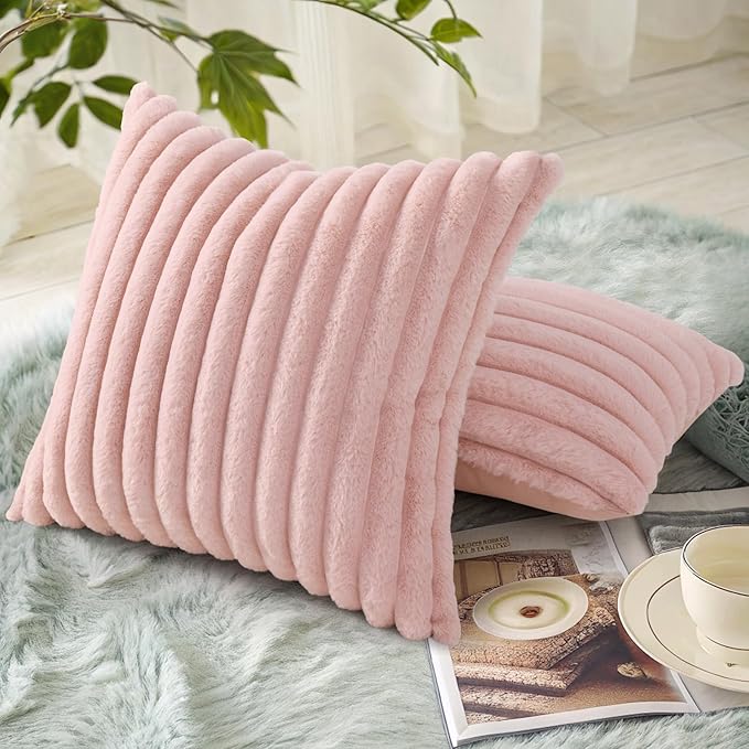 decorUhome Fall Faux Fur Throw Pillow Covers 20x20 Set of 2 Pink