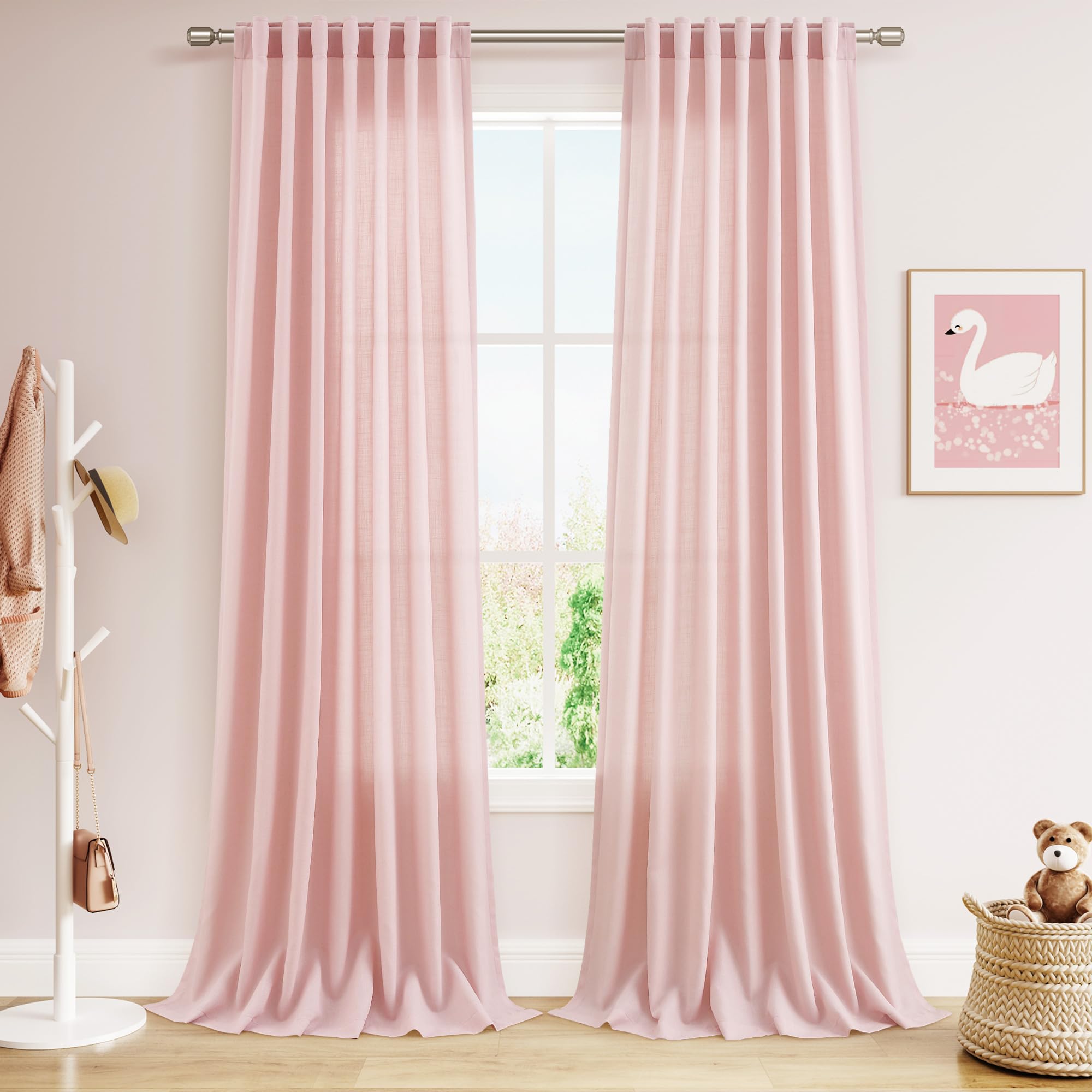 Nanspring Mist Sage Linen Curtains Semi Sheer 96 Inches Long 2 Panels Set for Living Room Back Tab Rod Pocket Light Filtering Drape for Bedroom Modern Farmhouse Coastal Decor Protect Privacy 52x96 — 기타