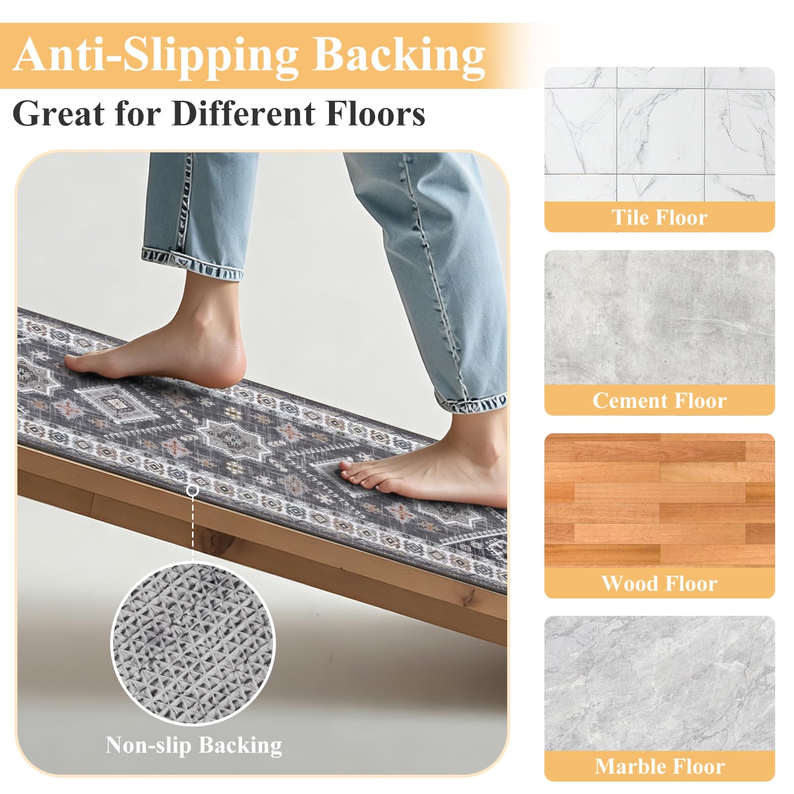 HEBE Boho Kitchen Rugs Set of 3, Non Slip Washable Kitchen Mats for Floor