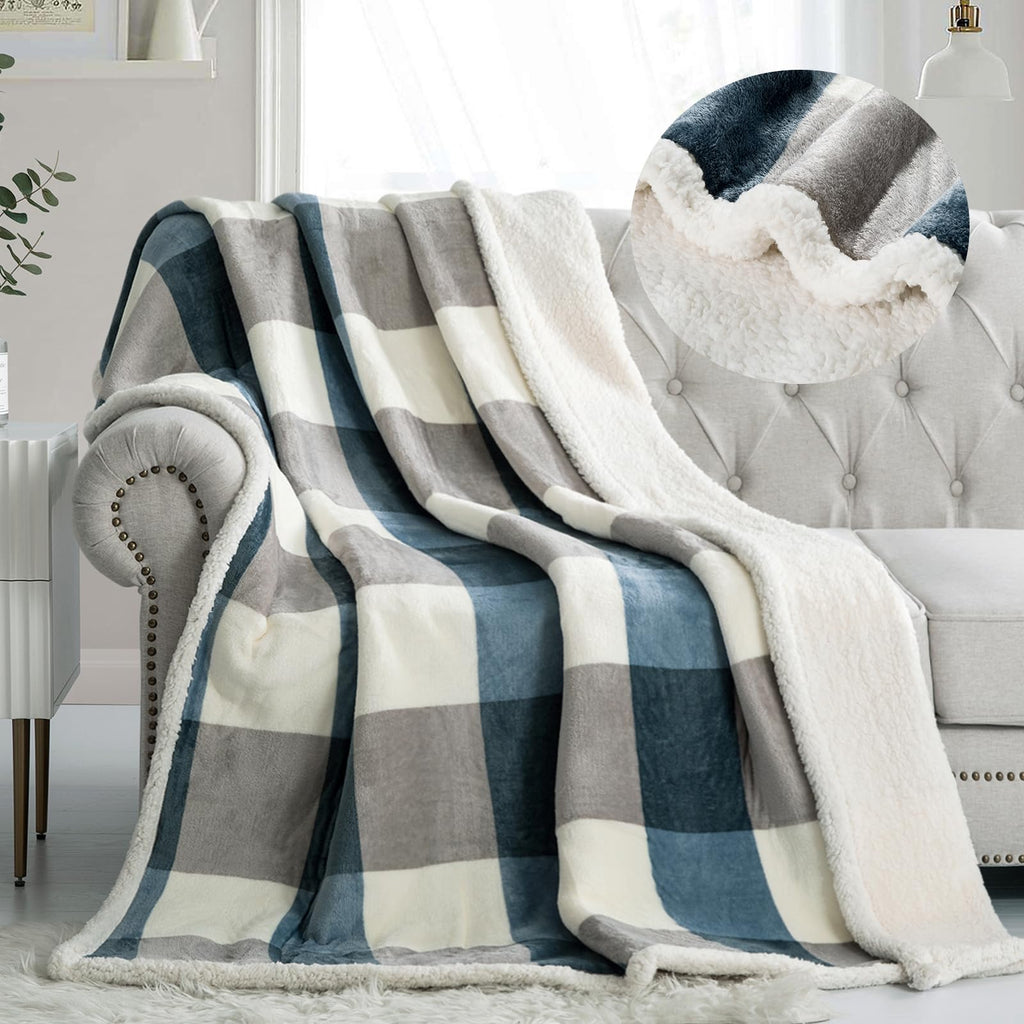 PU MEI Sherpa Blanket Queen Plaid Thick Bed Blanket, 80”*90” Super Soft Flannel Fuzzy Fleece Reversible Velvet Plush Warm Blanket for Couch (Blue White Check)