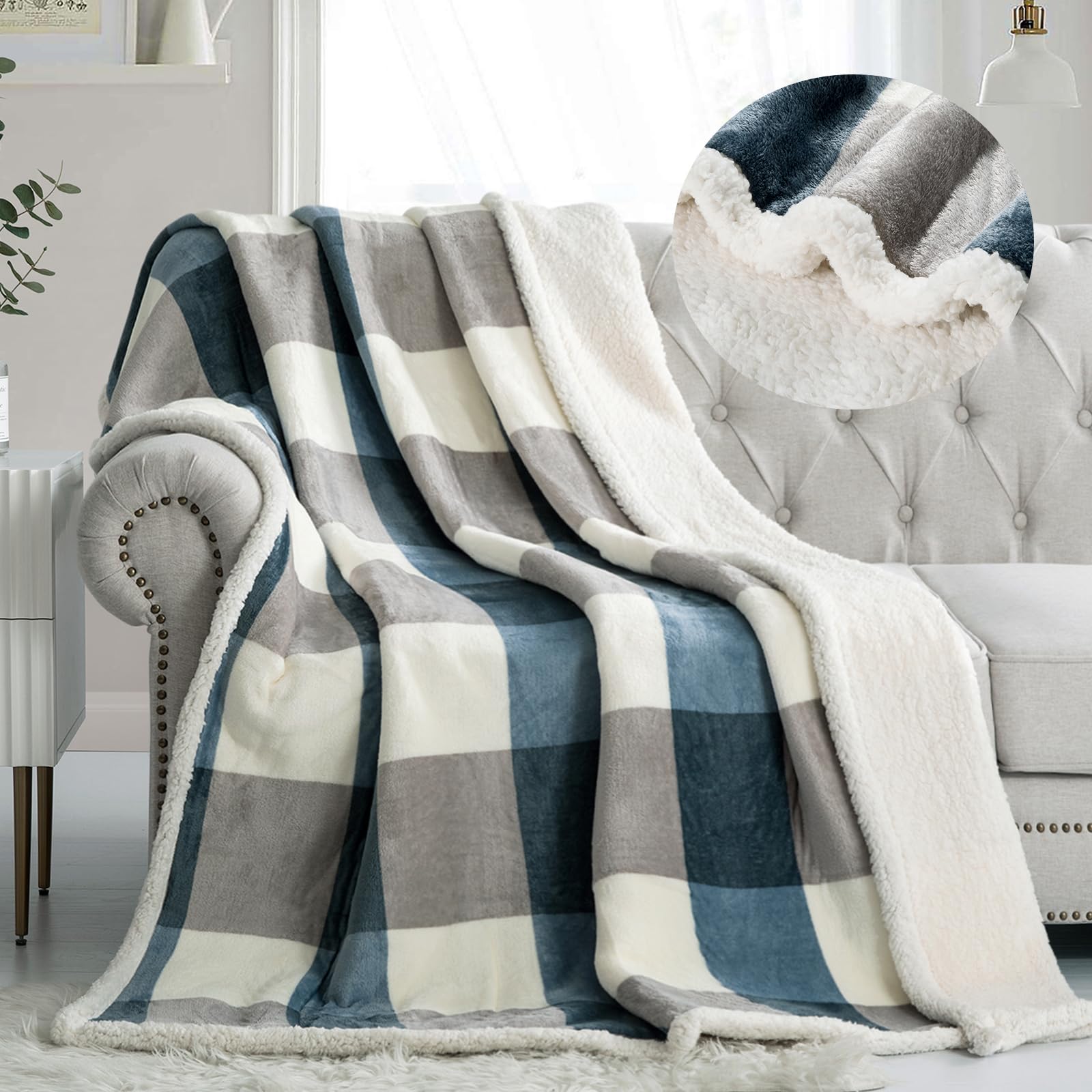 PU MEI Sherpa Blanket Queen Plaid Thick Bed Blanket, 80”*90” Super Soft Flannel Fuzzy Fleece Reversible Velvet Plush Warm Blanket for Couch (Blue White Check)