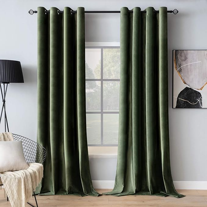 MIULEE Velvet Curtains Olive Green Elegant Grommet Curtains Thermal Insulated Soundproof Room Darkening Curtains/Drapes for Classical Living Room Bedroom Decor 52 x 100 Inch Set of 2