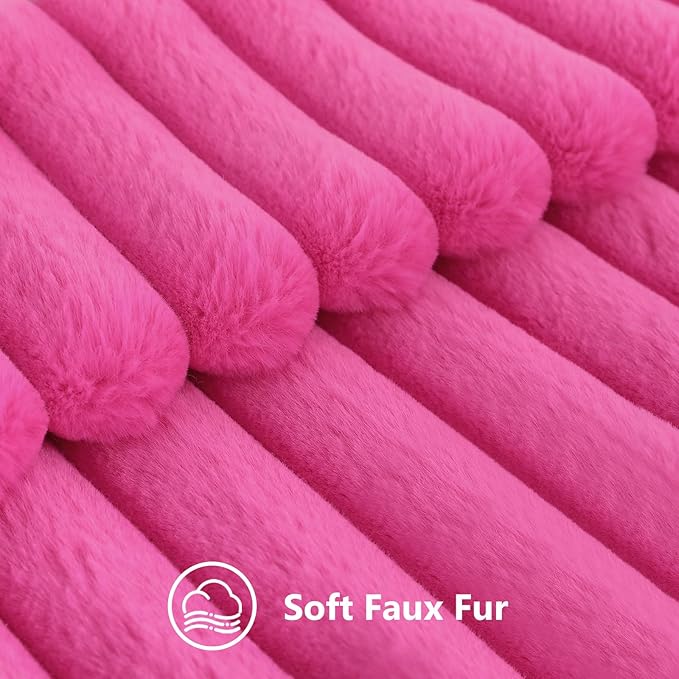 decorUhome Summer Cozy Faux Fur Throw Pillow Covers 12x20 Set of 2 Decorative Soft Plush Striped Lumbar Modern Farmhouse Boho Couch Pillow Cases with Velvet Back for Sofa Bed Living Room, Hot Pink