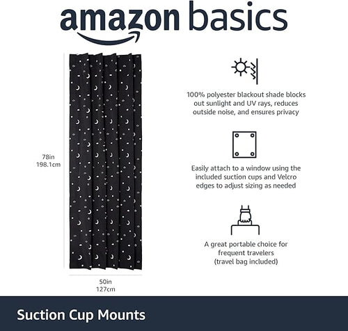 Amazon Basics Portable Room Darkening Blackout Curtain Shade with Suction Cups, Noise Reduction, 50"W x 78"L, Moon and Stars, 1-Pack